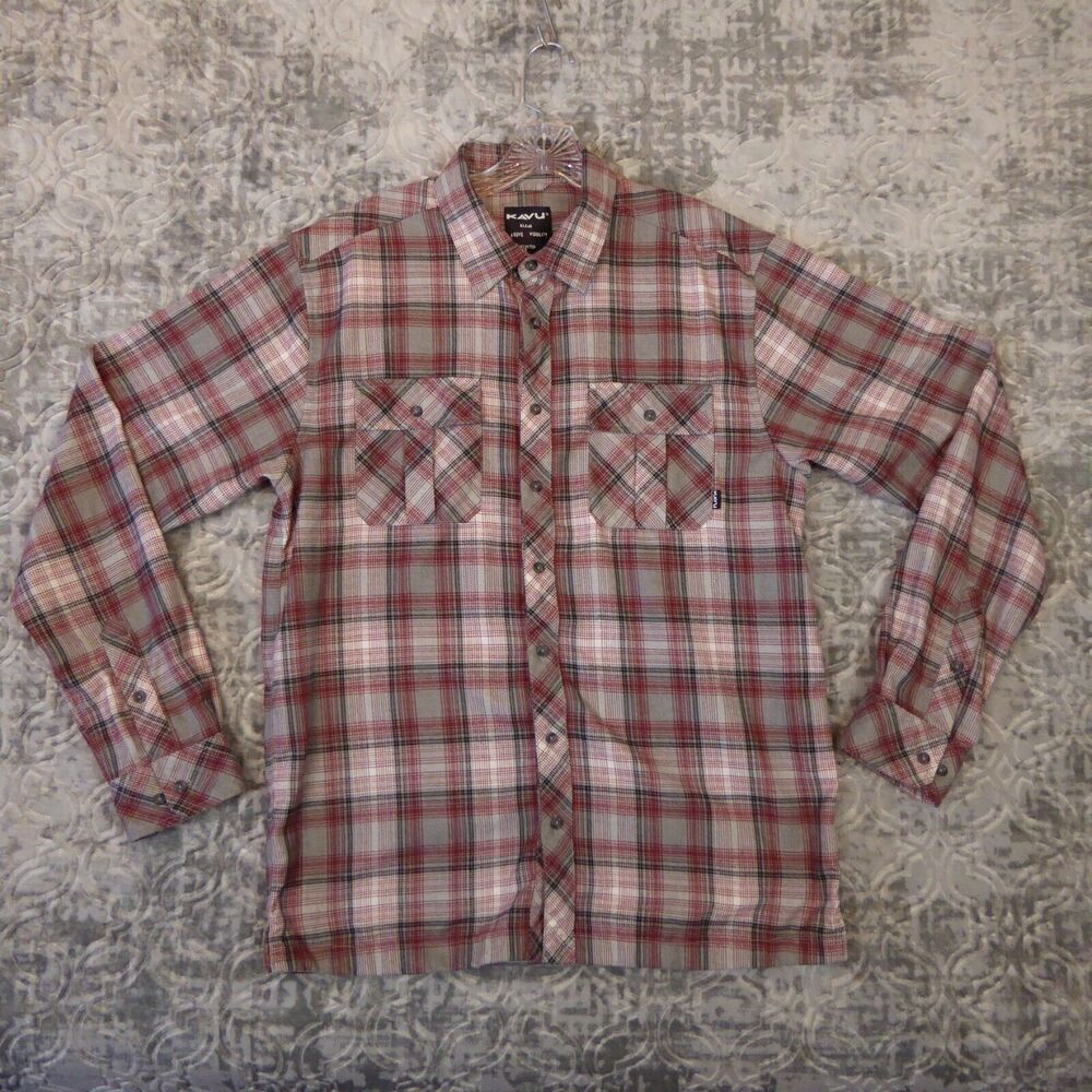 KAVU Flannel Shirt Mens Large Red Plaid Button Up Long Sleeve Hiking Casual Soft